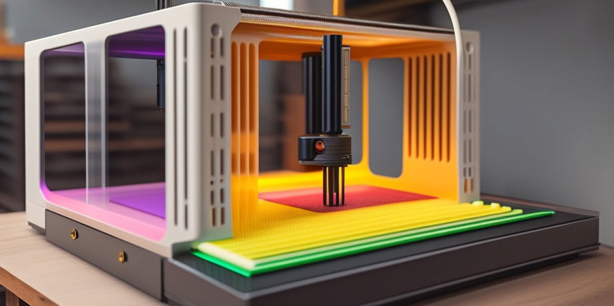 The first image should depict a 3D printer in oper uai