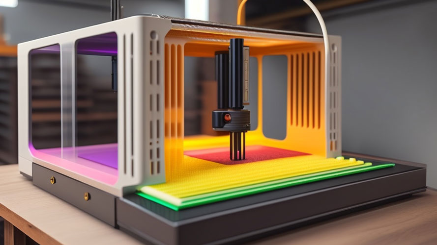The first image should depict a 3D printer in oper